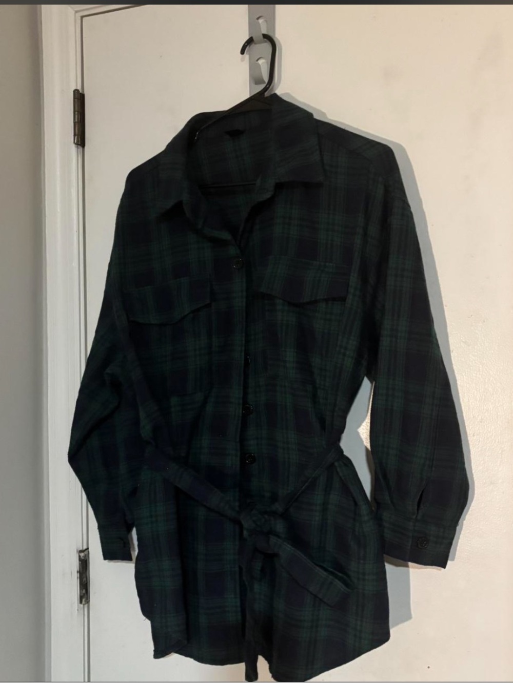 SHEIN Green & Black Plaid Belted Shirt Jacket